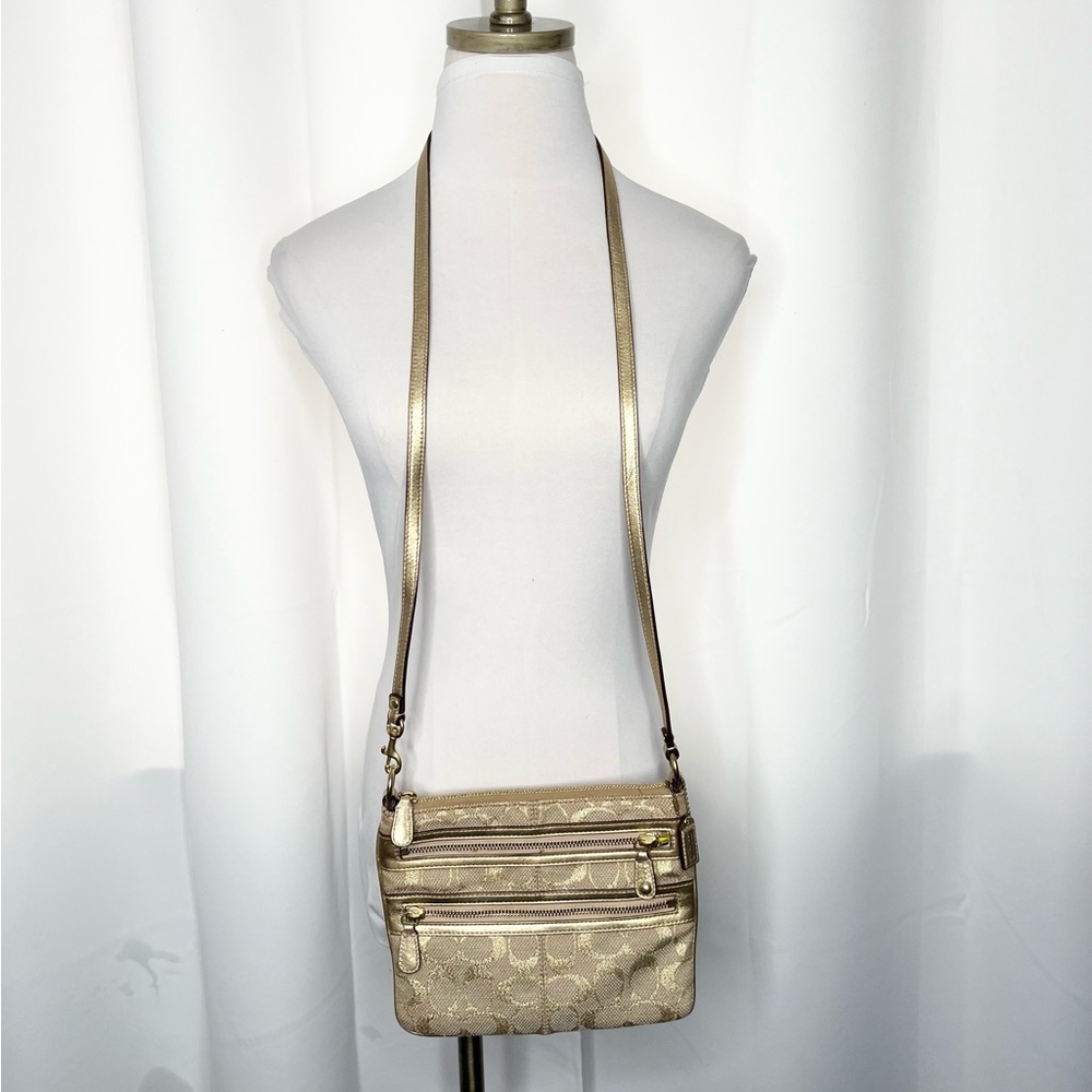 COACH SIGNATURE Y2K GOLD JACQUARD MULTI-ZIP CROSSBODY BAG